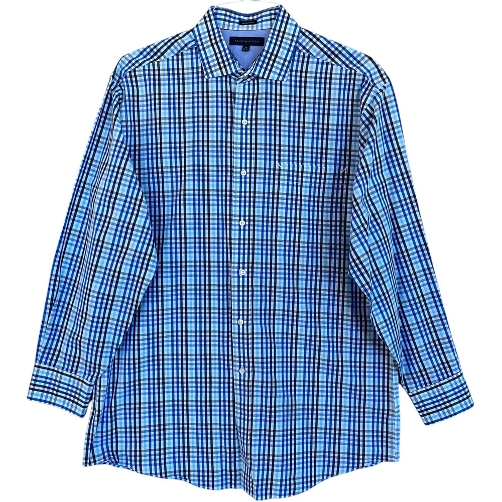 Tommy Hilfiger Mens Dress Shirt 16 32/33 Blue Plaid Regular Fit Long Sleeve